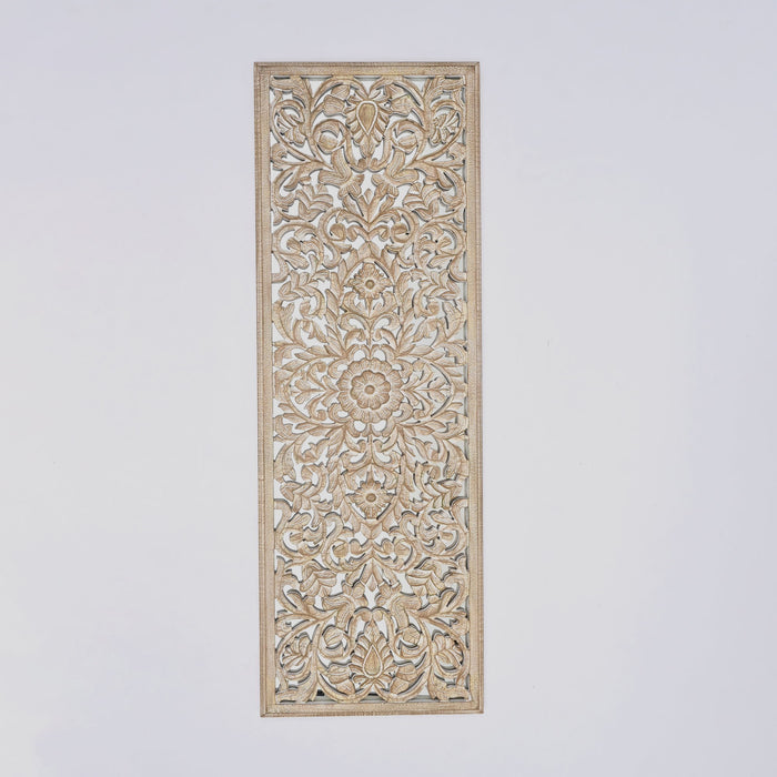 Floral Hand Carved Mandala Rectangle Wall Decor With Mirror - Antique Brown / White