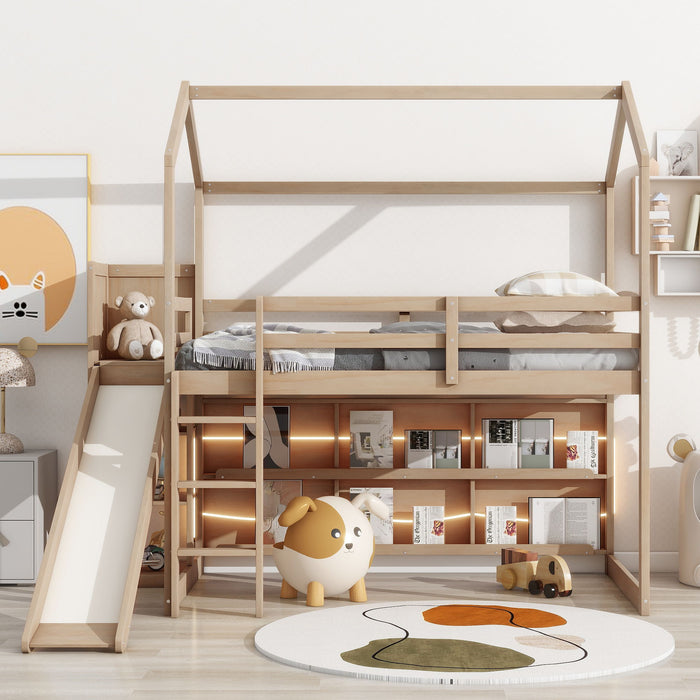 House Loft Bed With Slide, Storage Shelves And Light, Climbing Ramp