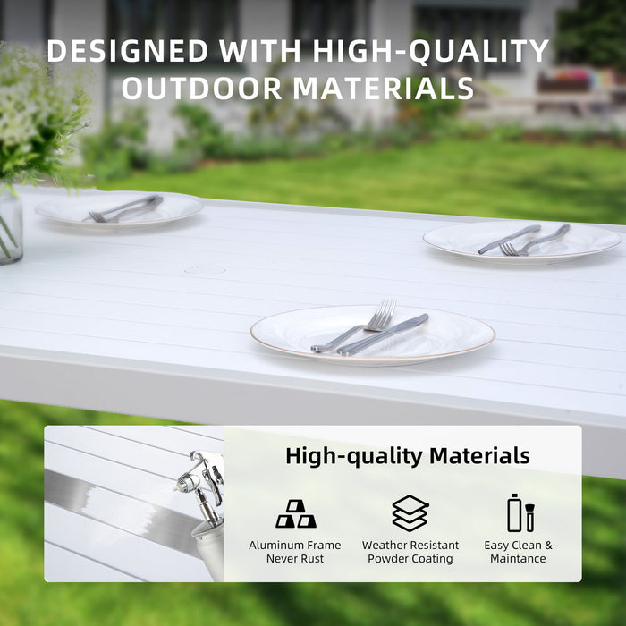 6 Piece Dining Set Modern Outdoor Patio Furniture, 4 Dining Chairs & 1 Dining Bench Sunbrella Fabric And 2 Tone Rectangle Table With Umbrella Hole - Matte White / Grayish