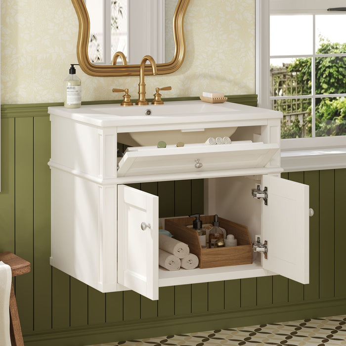 Wall Mounted Bathroom Vanity With Tip Out Drawer And Open Back Design