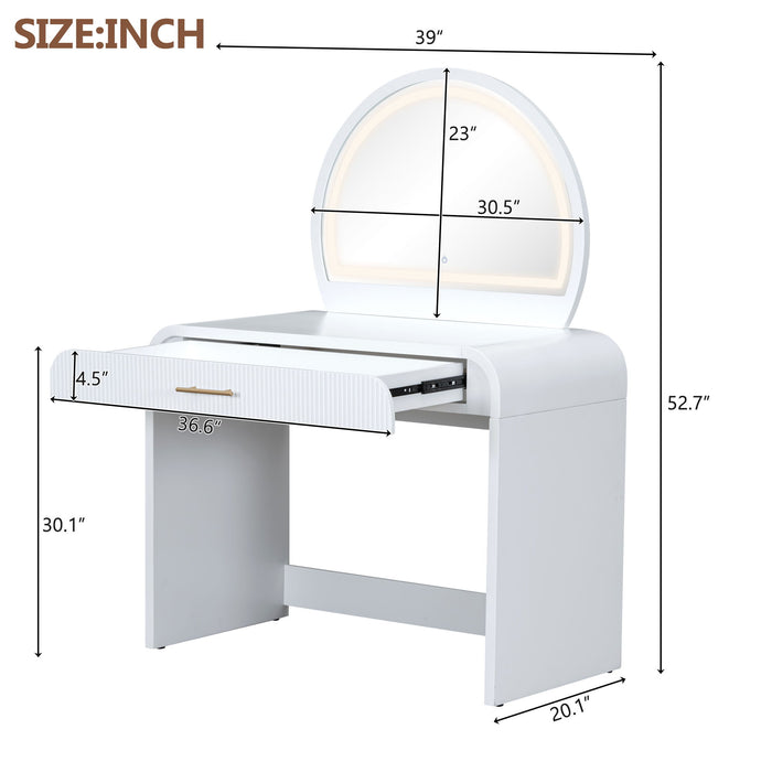 Makeup Vanity Table With Mirror Touch Screen Lighted Mirror, Dressing Table With Drawer For Bedroom - White