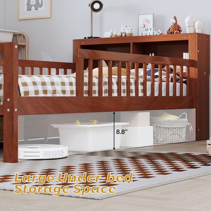 Bed With Headboard Storage Rack, 2 Under Bed Drawers, 3 Side Guardrails For Safety