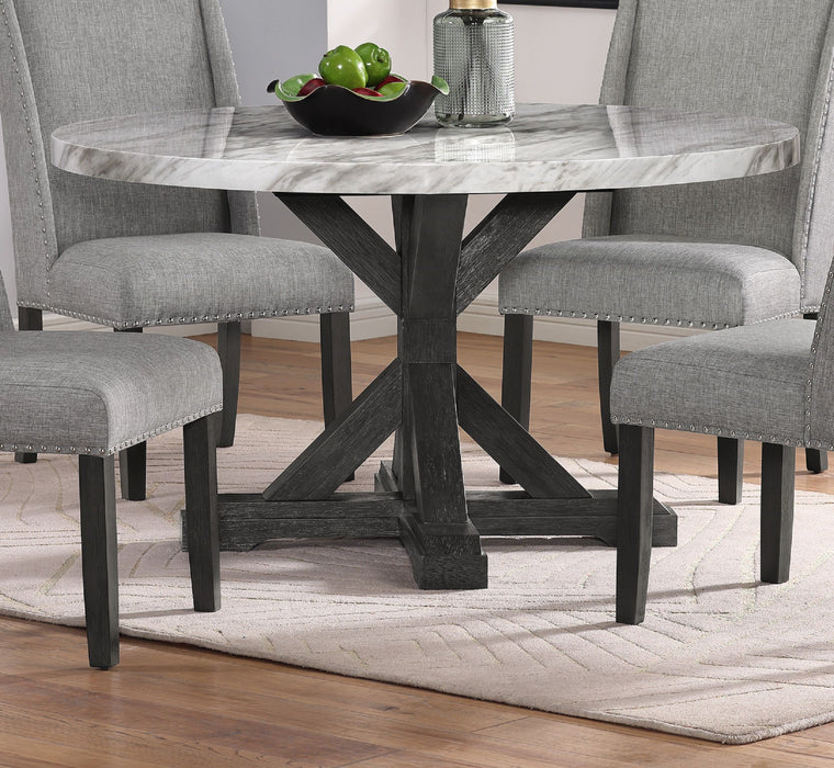 Transitional Modern Formal Dining Table White Faux Marble Round Table Top Black Finish Legs Wooden Dining Room Furniture