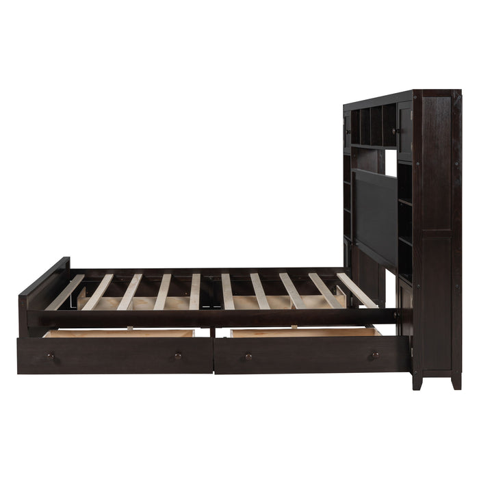 Queen Size Wooden Bed With All In One Cabinet, Shelf And Sockets - Espresso