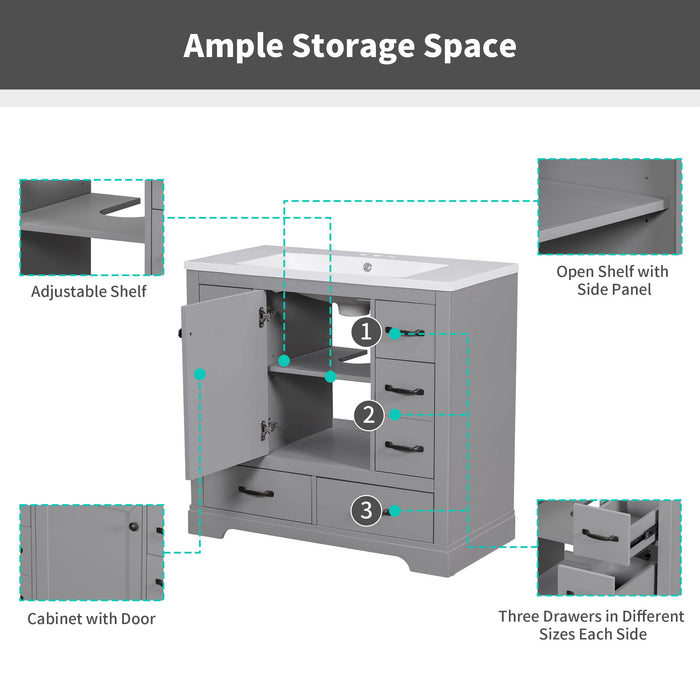 36" Bathroom Vanity Without Sink, Cabinet Base Only, 6 Drawers, Multi Functional Drawer Divider, Adjustable Shelf - Gray
