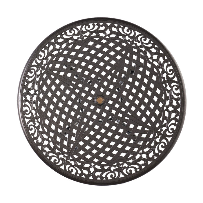 Tranquilius - Outdoor Round Dining Table With Lattice Tabletop, Umbrella Hole And Curved Legs