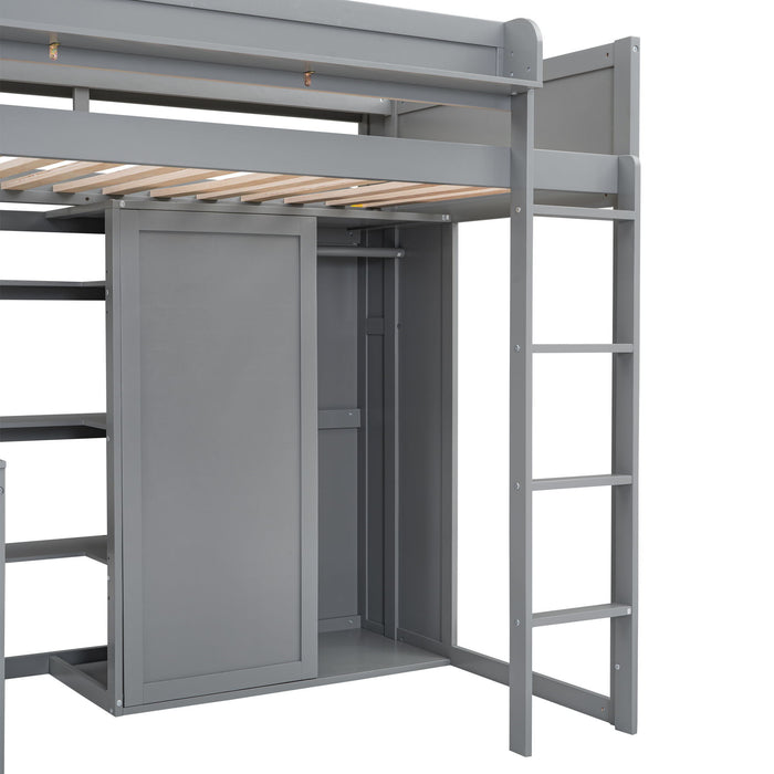 Loft Bed With Built In Desk, Storage Shelves, And Wardrobe