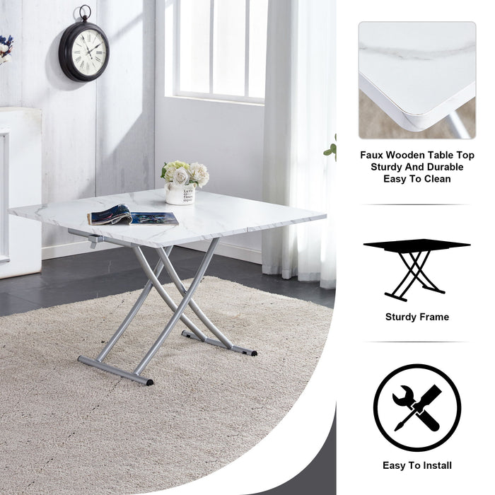 Modern Minimalist Multifunctional Lifting Platform, 0.8" White Patterned Sticker Desktop, Silver Metal Legs. Paired With 4 Faux Leather Cushioned Dining Chairs With Silver Metal Legs