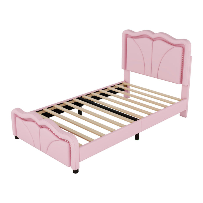 Upholstered Platform Bed & Curve Shaped And Height Adjustable Headboard, LED Light Strips