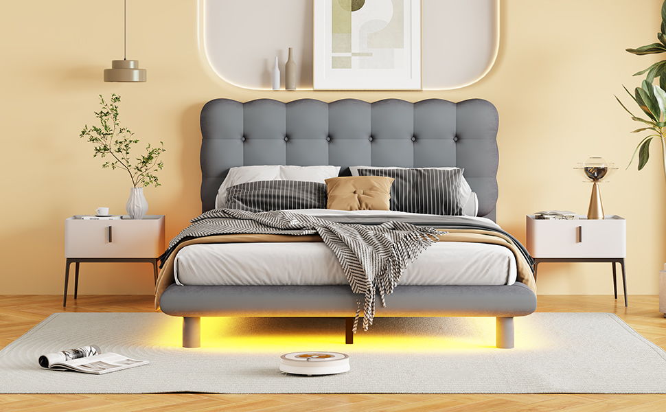 Platform Bed With LED Frame, Thick & Soft And Button Tufted Design Headboard