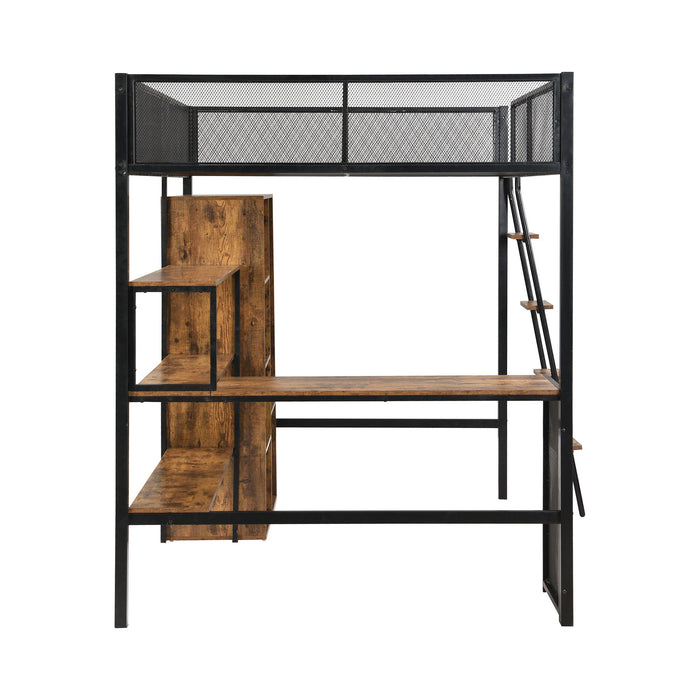Full Size Loft Bed With Built In Desk, Wardrobe, And Shelves - Black