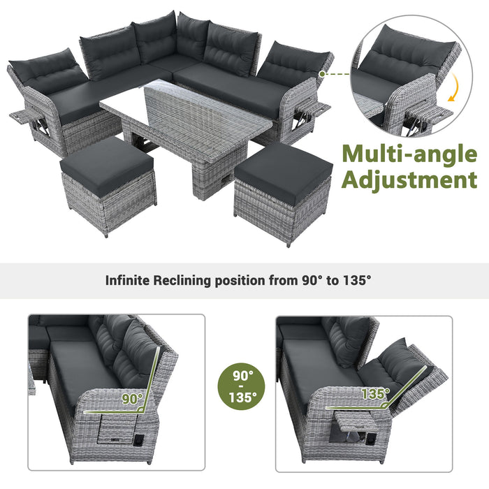 Outdoor Furniture Set Patio Rattan Furniture Set With Adjustable Table, Recliners With Extendable Side Tables And 2 Ottomans