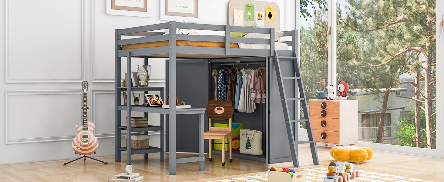 Loft Bed With Wardrobe And Desk And Shelves