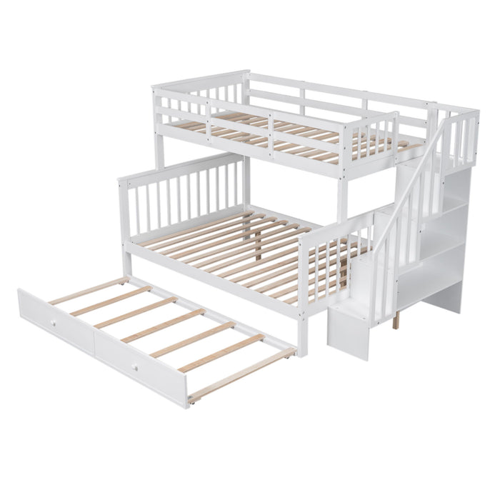 Bunk Bed With Twin Size Trundle, Storage And Guard Rail For Bedroom