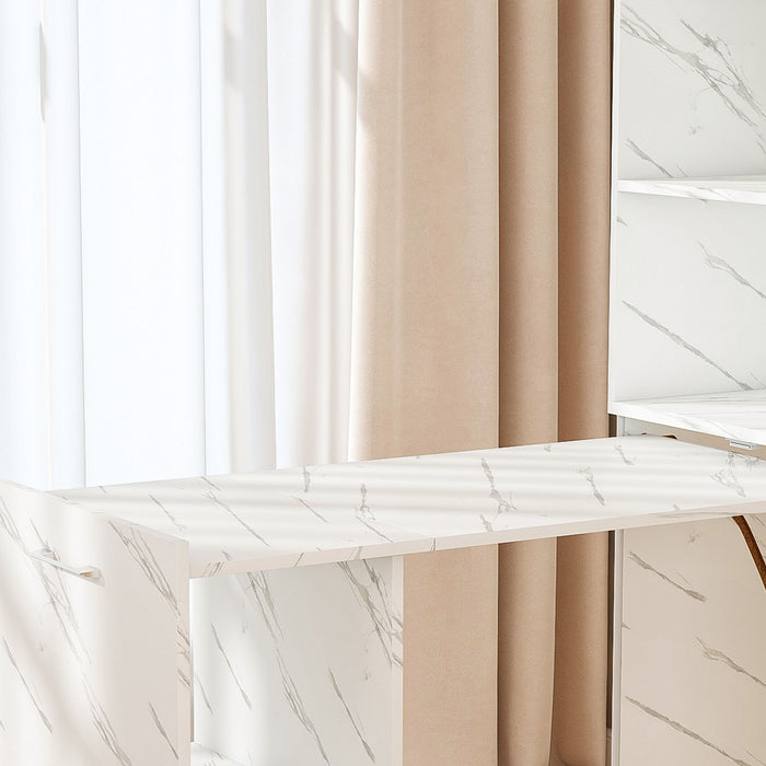 Stretchable Office Desk With Storage Shelves And Mobile Wheels, Foldable Design For Small Apartments - White Marble