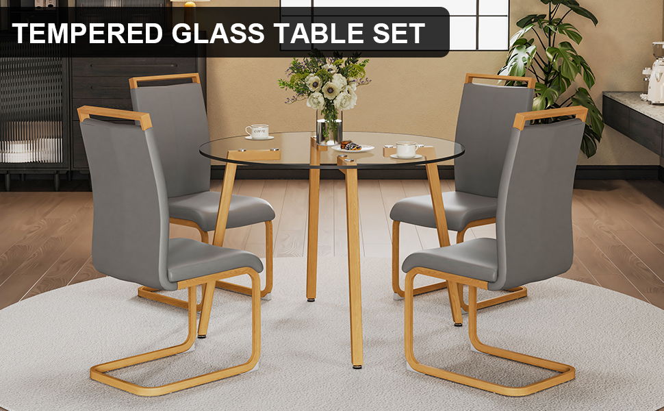 1 Modern Minimalist Style Circular Transparent Tempered Glass Dining Table, 6 Modern PU Leather High Backrest Cushioned Side Chairs, With Wooden C-Shaped Tube Chrome Metal Legs C - 1162 Drt - 1123