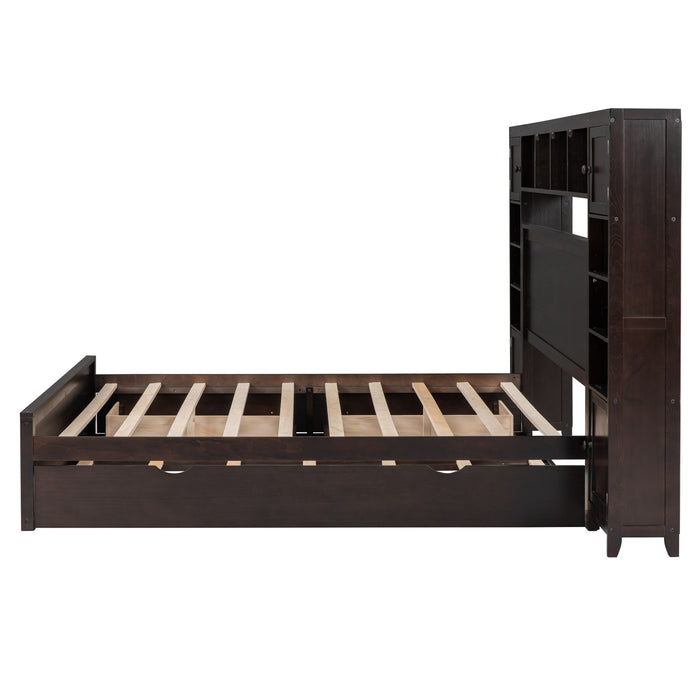 Bed With All In One Cabinet, Shelf And Sockets, Twin Long Trundle