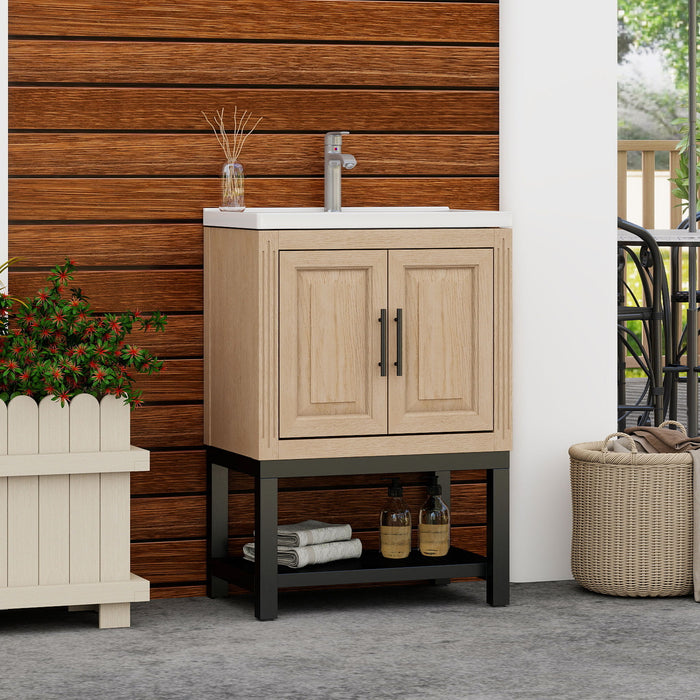 Modern Freestanding Bathroom Vanity With Ceramic Sink, Hot And Cold Faucet, Storage Cabinet & Open Shelf