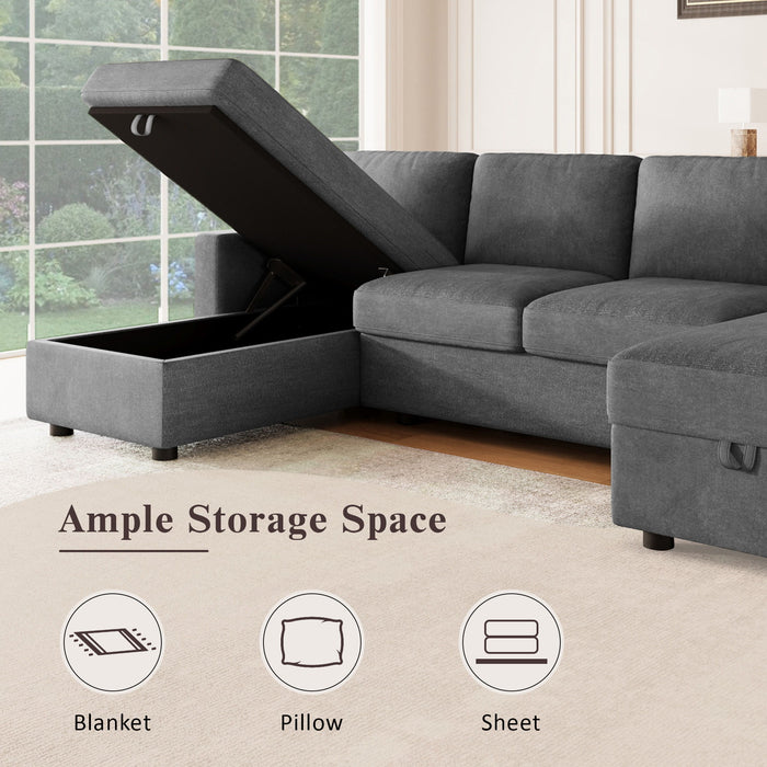 Convertible Sectional Sofa With Storage Chaise Lounges And USB Ports