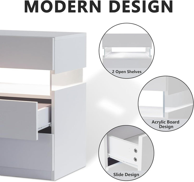 LED Nightstands, 3 Drawer For Bedroom