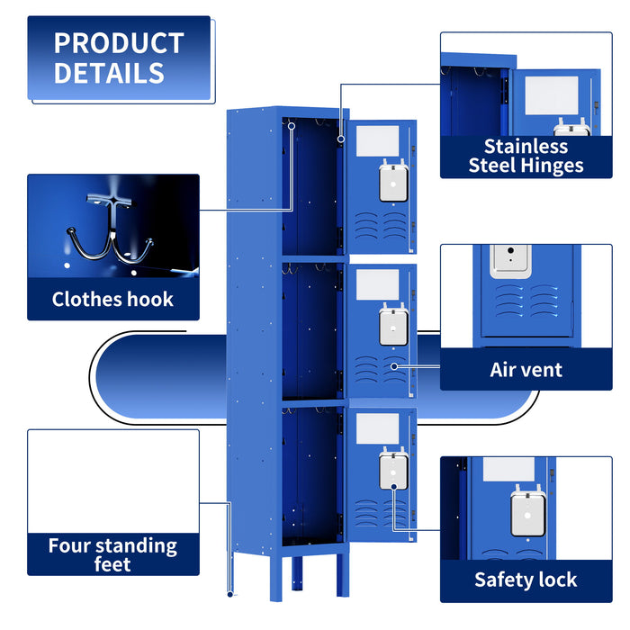 Lockers For Employees With 3 Door Storage Locker Durable For Gym, School, Office - Blue