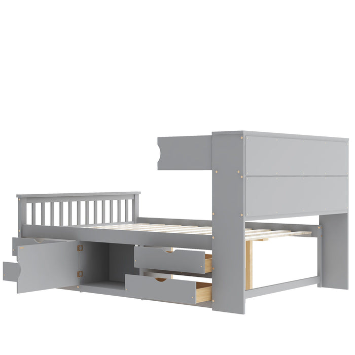 Captain Platform Bed Frame With Bookcase Headboard, 4 Drawers, Storage Shelves