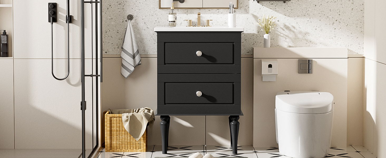 Bathroom Vanity Cabinet With Ceramic Sink Combo Set, Frame Modern Bathroom Storage Cabinet With 2 Drawers - Black