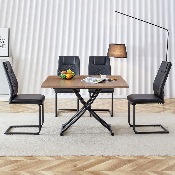 Modern Minimalist Multifunctional Lifting Table, Wood Grain Cra Feet Sticker Desktop, Black Metal Legs. Paired With 4 Faux Leather Upholstered Dining Chairs With Black Metal Legs