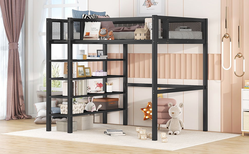 Loft Bed With 4 Tier Shelves And Storage