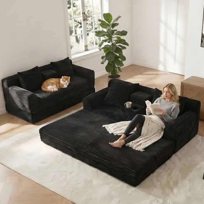 Soft Striped Convertible Sofa Bed, Dual Use Lounge Couch With Cup Holders And Pillows