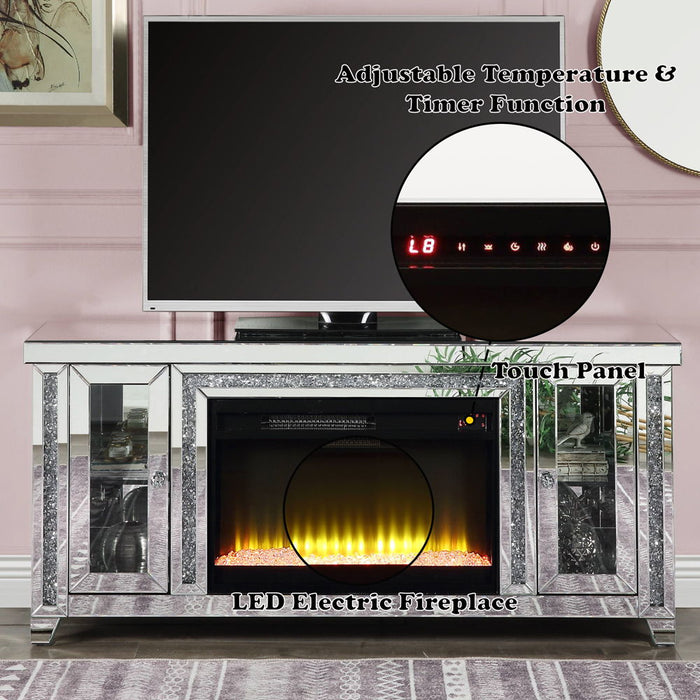 Noralie - TV Stand With Fireplace & LED - Mirrored & Faux Diamonds