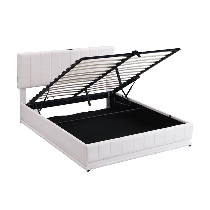 Upholstered Bed With Hydraulic Storage System And LED Light, With Sockets And USB Ports