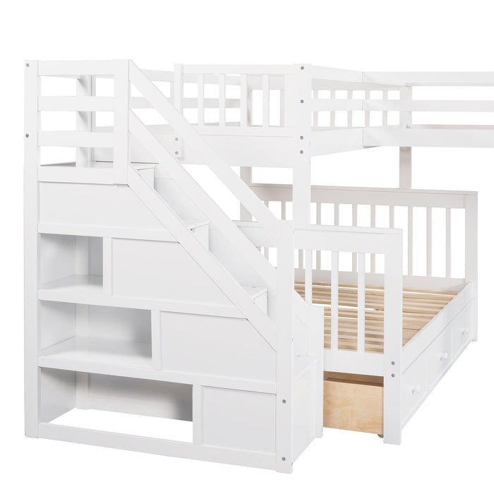 Solid L Shaped Bunk Bed With 3 Drawers, Ladder And Staircase
