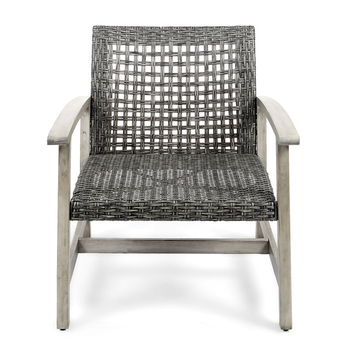 Outdoor Club Chair With Rattan Cover And Acacia Wood Frame - Gray