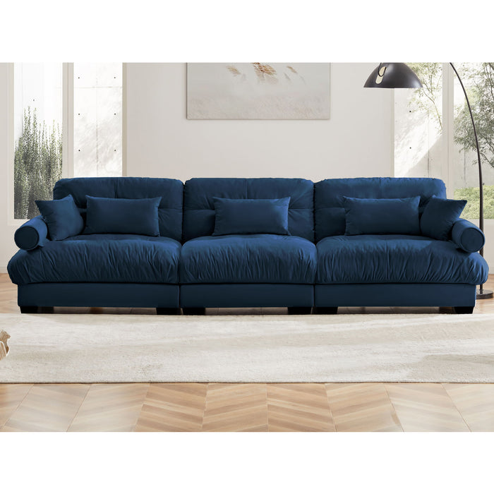 Modern Velvet Sofa With Bolstered Armrests And Pillows