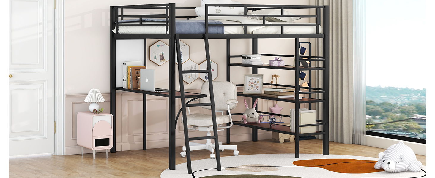 Bed With 3 Layers Of Shelves And Desk, Stylish Frame Bed