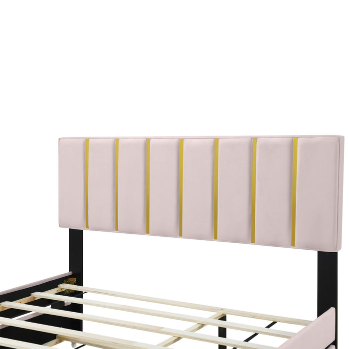 Upholstered Platform Bed With 2 Drawers And 1 Trundle, Classic Strip Headboard Design