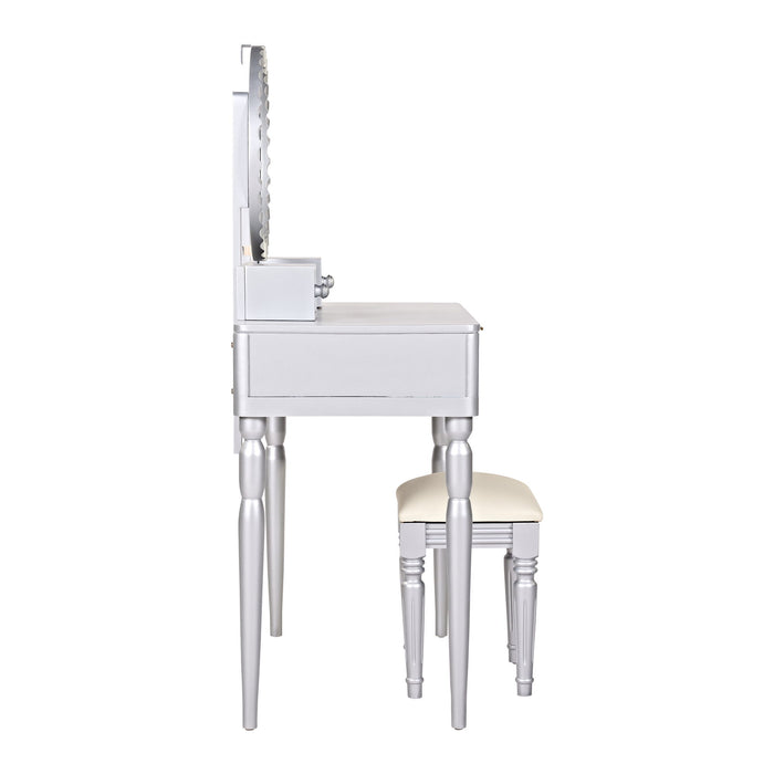 Luxury Vanity Desk With Round Mirror Height Adjustable Dressing Table Set Engineered Wood - Silver