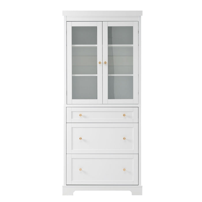 Freestanding Tall Bathroom Cabinet With Adjustable Shelves, Drawers, Soft Close Glass Doors