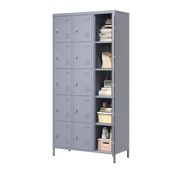 15 Door Lockers With Lock For Storage In Home, Gym, Office, And School - Gray