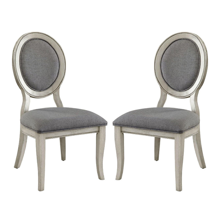 (Set of 2) Padded Gray Fabric Dining Chairs In Antique White Finish