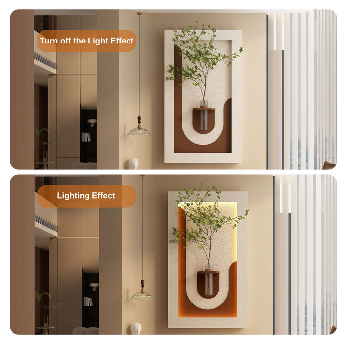 Adjustable 3 Color LED Sandstone Wall Decor With Simulated Plants, Vase & Rabbit Statue - Light Coffee