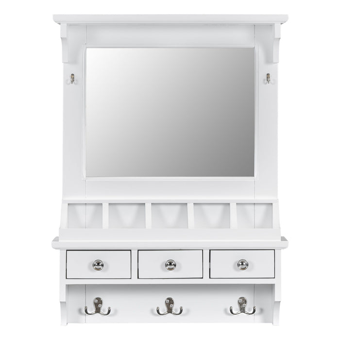 Floating Makeup Vanity With Big Mirror, Wall Mounted Storage Vanity With Drawers, Pockets & Hooks, Space Saving Decorative Home Organizer - White
