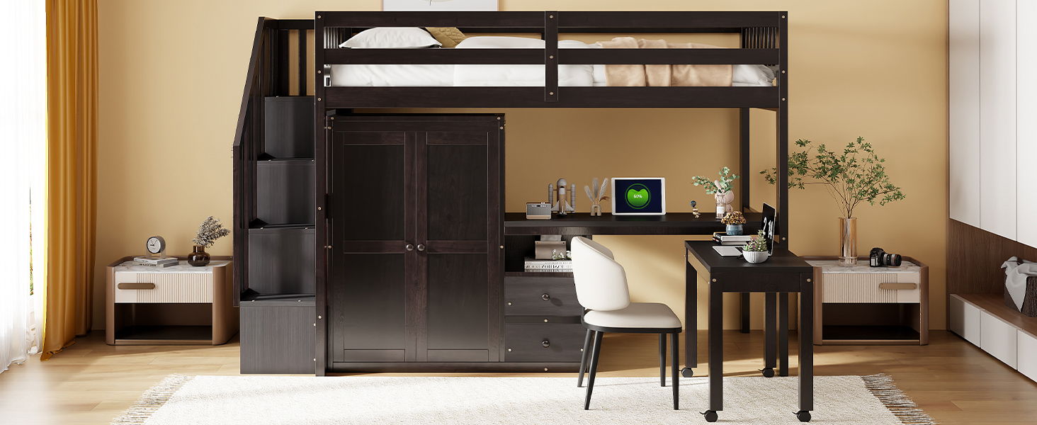 Loft Bed With Stairs, Bookshelf, Drawers, Desk & Wardrobe, Space Saving Multifunctional Furniture