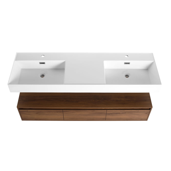 Contemporary Wall Mounted Bathroom Vanity With Dual Resin Sink And Soft Close Drawer