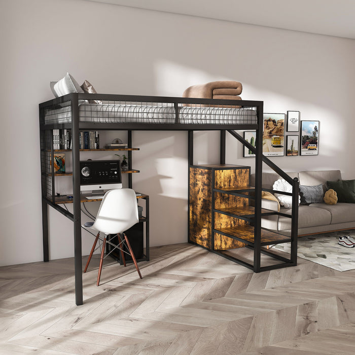 Full Size Loft Bed With Desk & Wardrobe Heavy Frame, Built In Staircase, Storage Rack & Shelves Gaming Bed - Black
