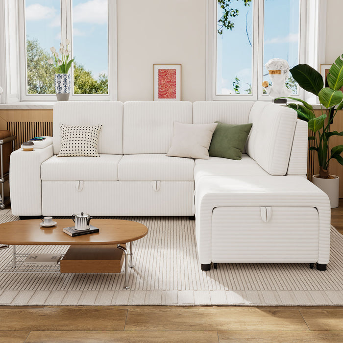 Pull-Out L-Shaped Sectional Sofa With Movable Ottoman And Stool, Large Storage Space, A Cup Holder, And 2 USB Ports For Living Room