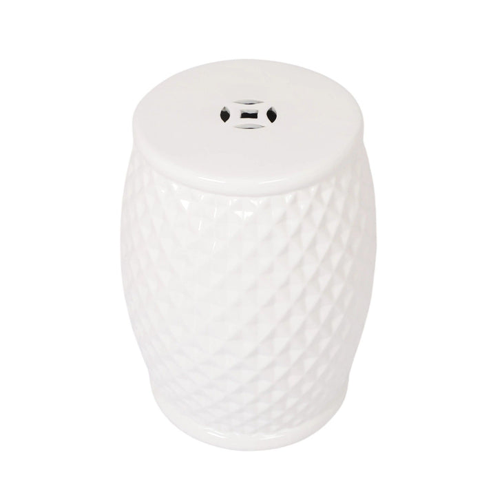 Glazed Ceramic Drum Stool Indoor / Outdoor Side Table Ceramic - White