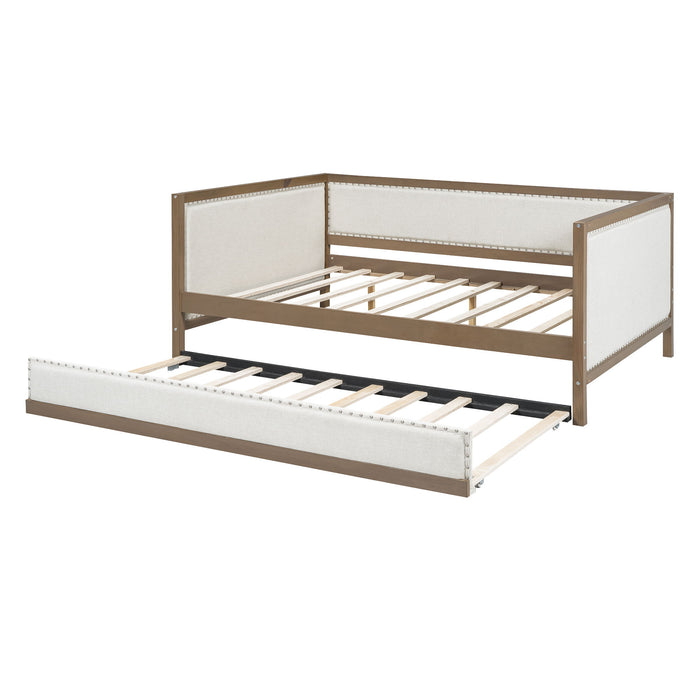 Full Size Daybed With Trundle And Nailhead Decoration - Wood