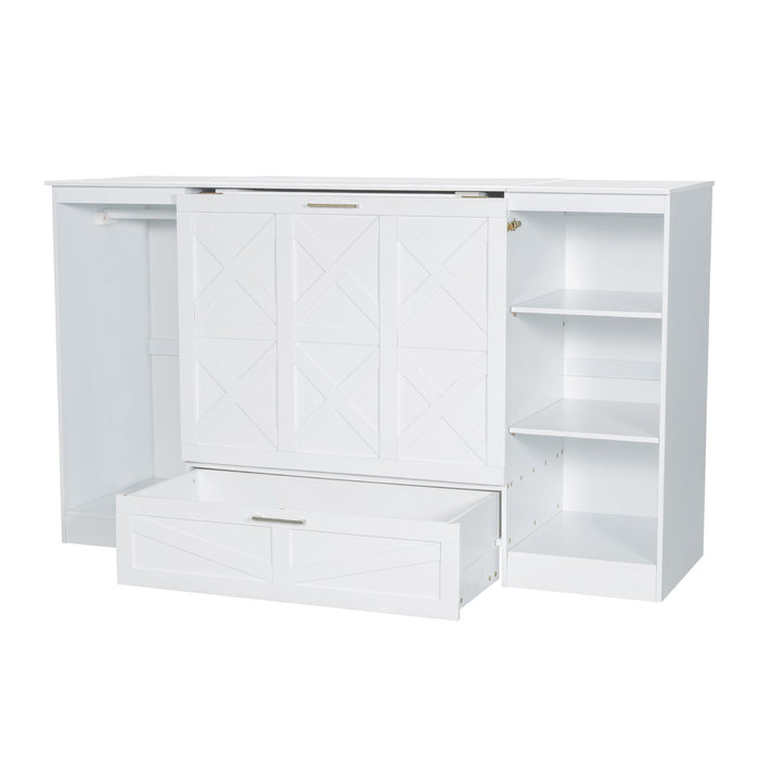 Twin Size Murphy Bed With Bedside Shelves And Wardrobe - White